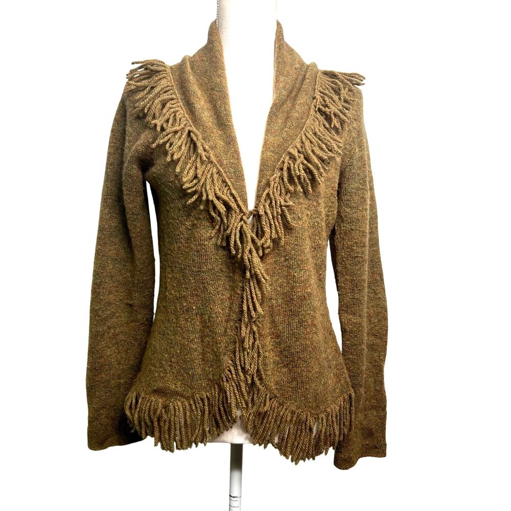 Susan Bristol Cardigan Sweater Sz Medium Brown Wool Blende Fringe Shawl Collar